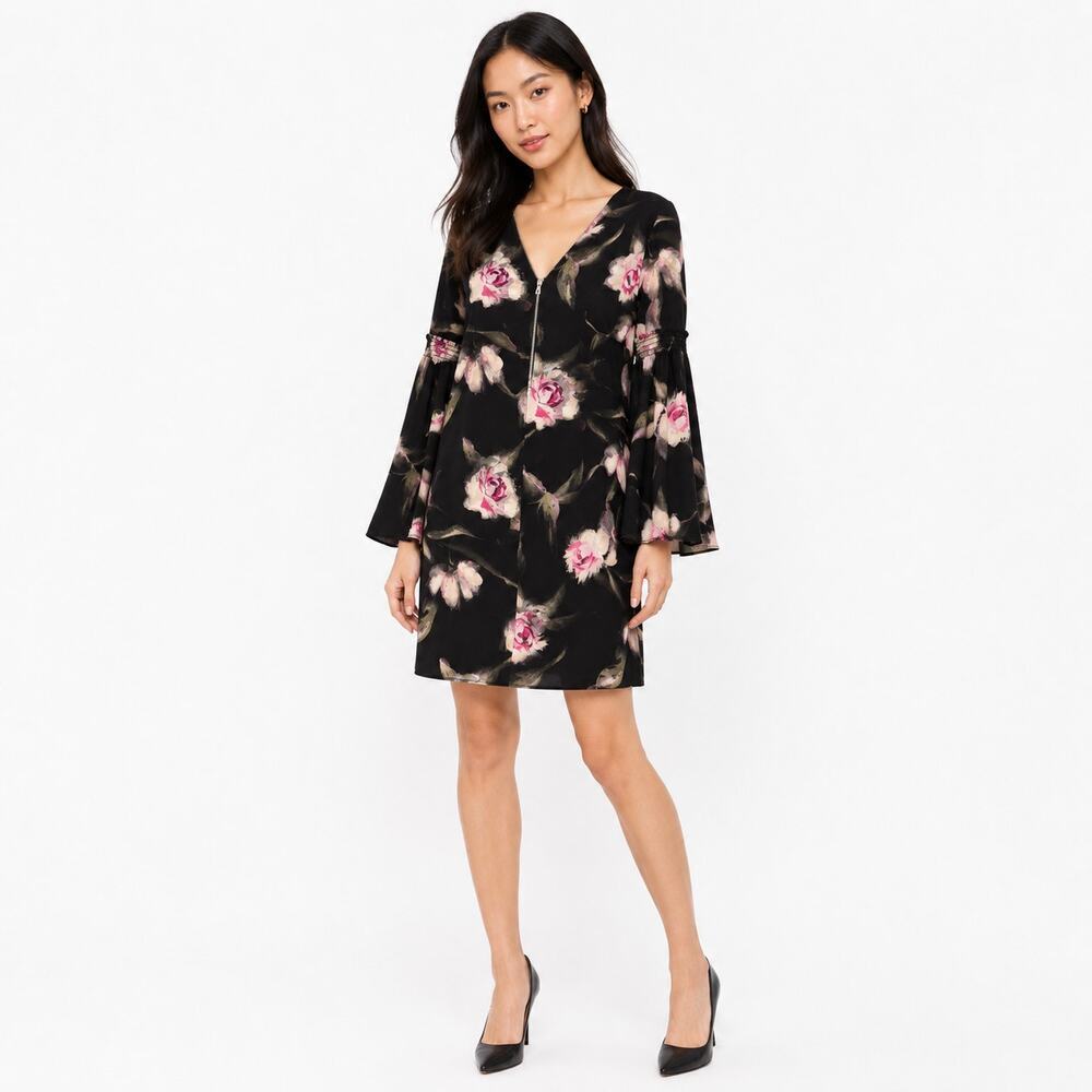 White House Black Market Floral Bell Sleeve Dress 00P Black Dark Berry NWT